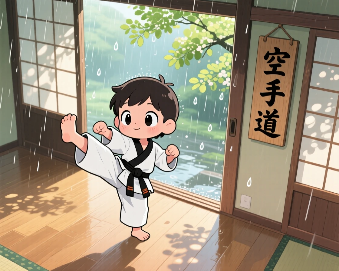 Bird's-eye view: a child in a karate uniform, practicing a confident kick pose, set against a peaceful dojo during a gentle spring rain shower, with dappled sunlight through a canopy and a mood of brave confidence.