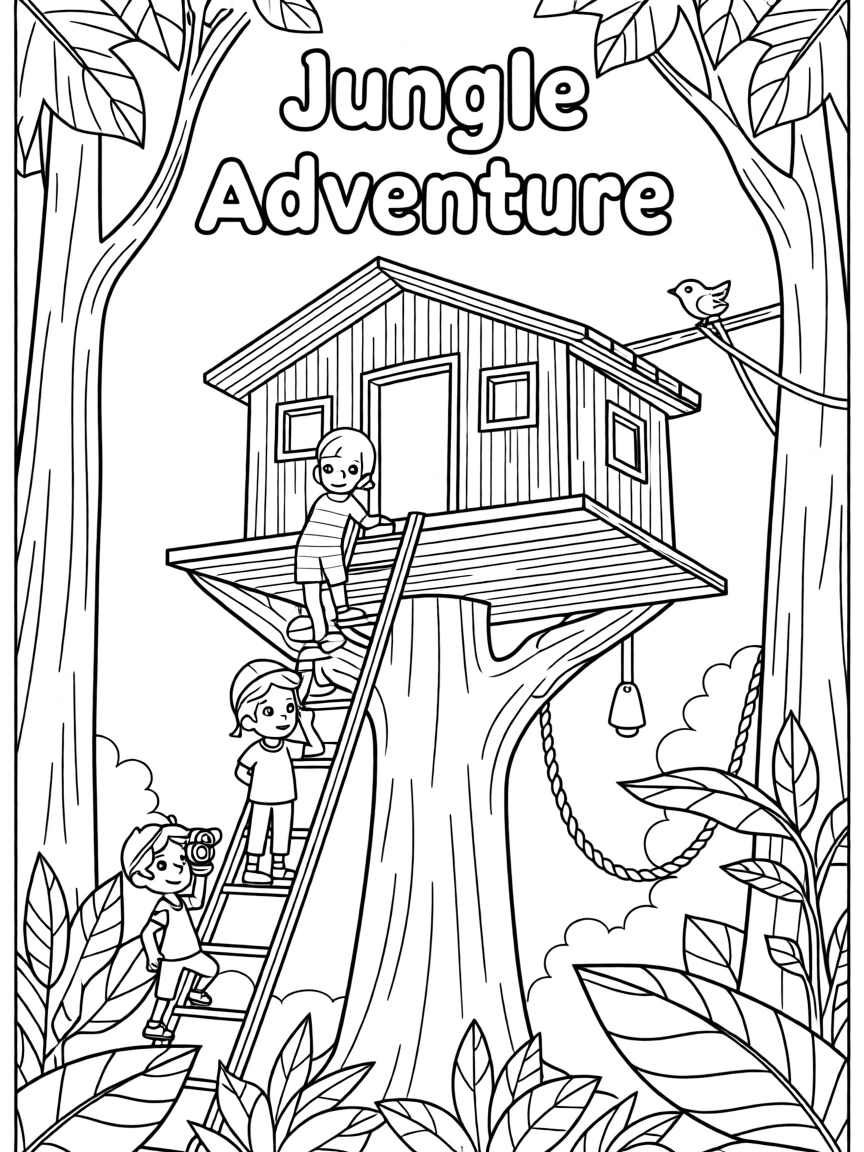 A group of kids exploring a treehouse fort in a jungle canopy