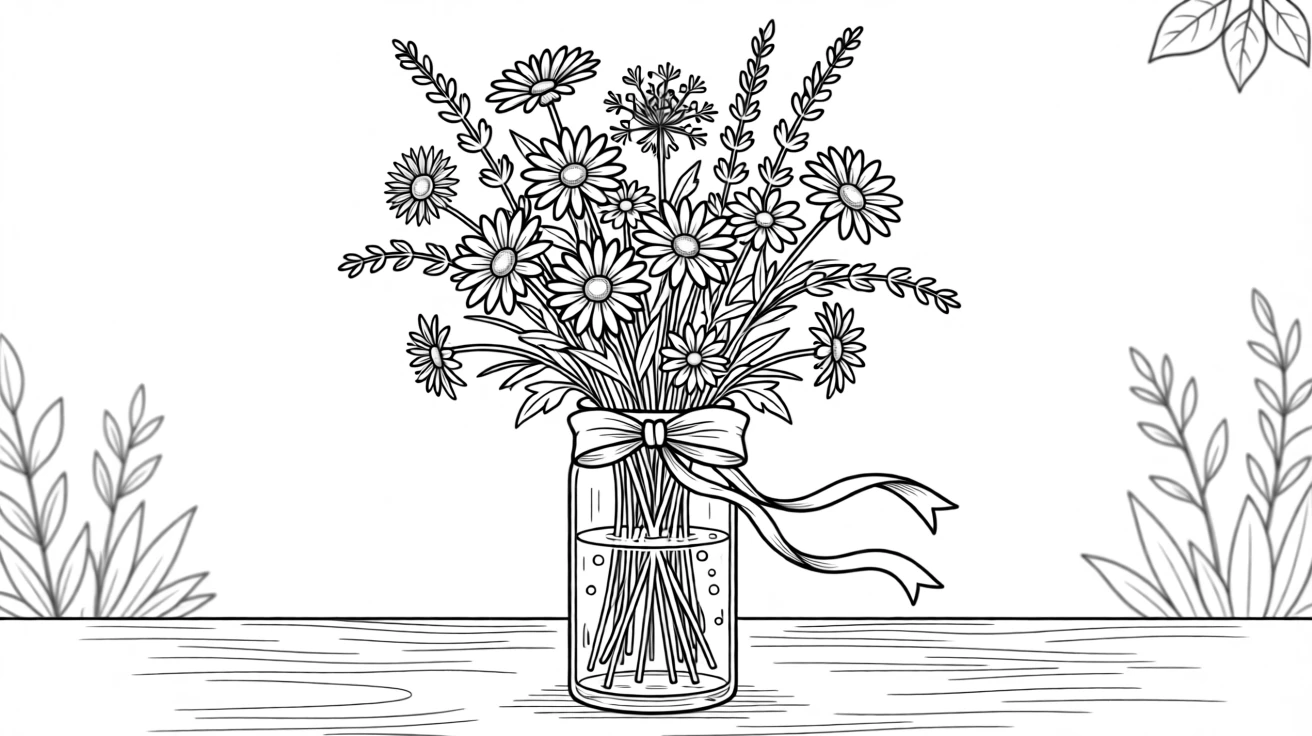 A bouquet of wildflowers tied with a ribbon, with delicate roots visible through the glass.