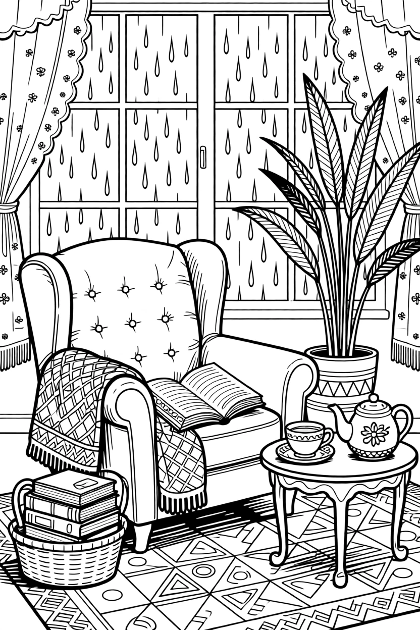 A cozy reading nook with a blanket, tea, and a window overlooking rain.