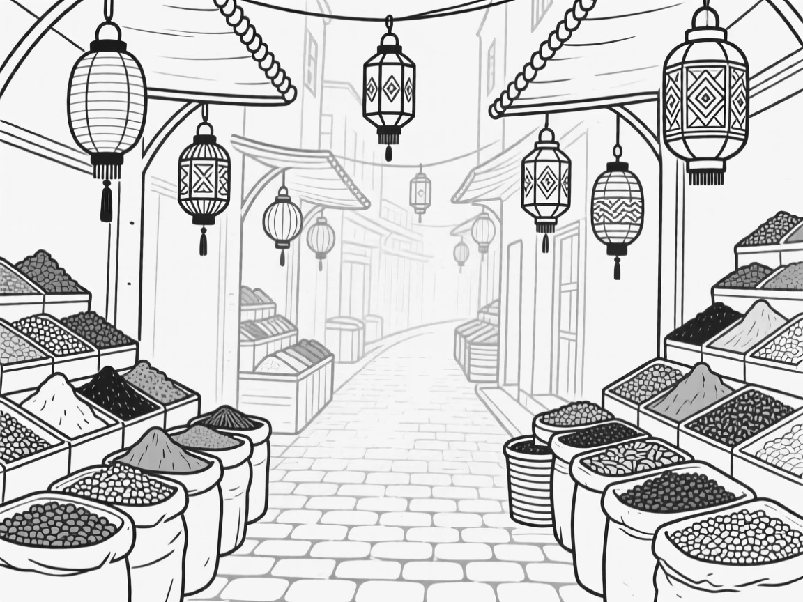 A traditional market street filled with stacked spices and hanging lanterns