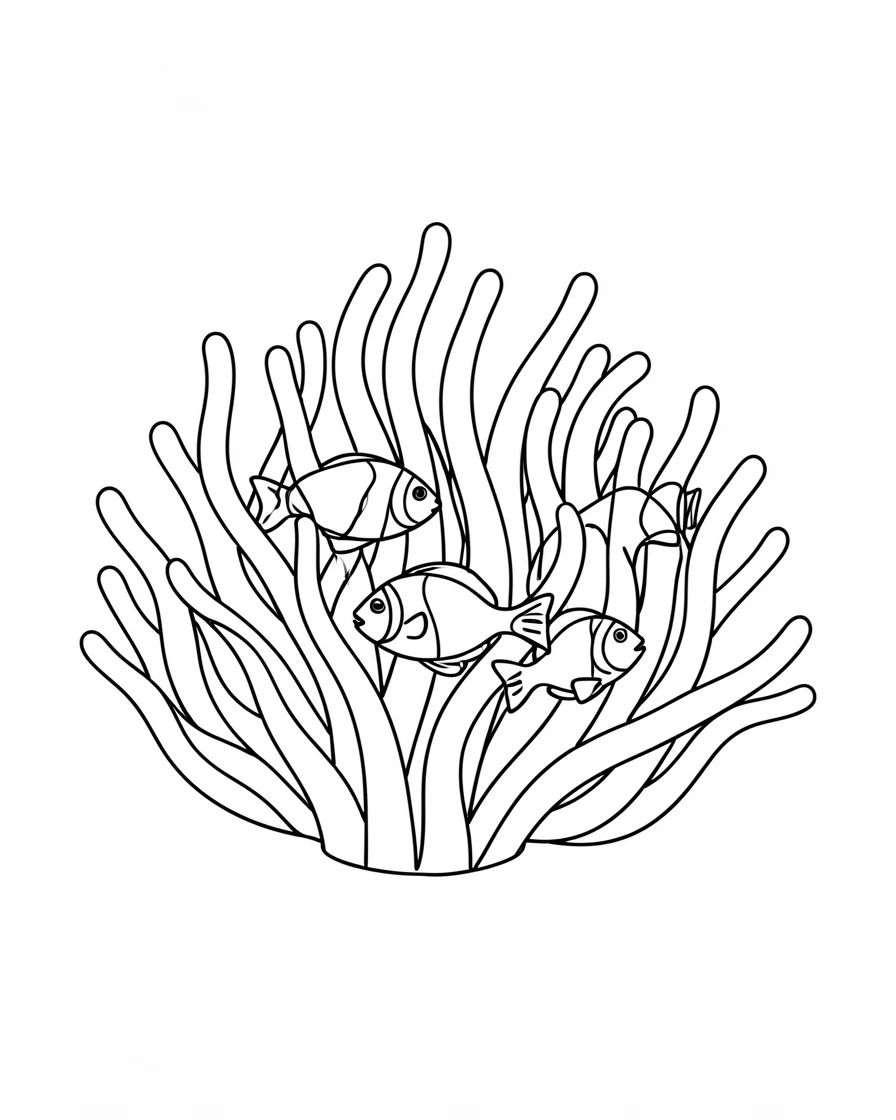 A group of anemone fish sheltering among swaying tentacles