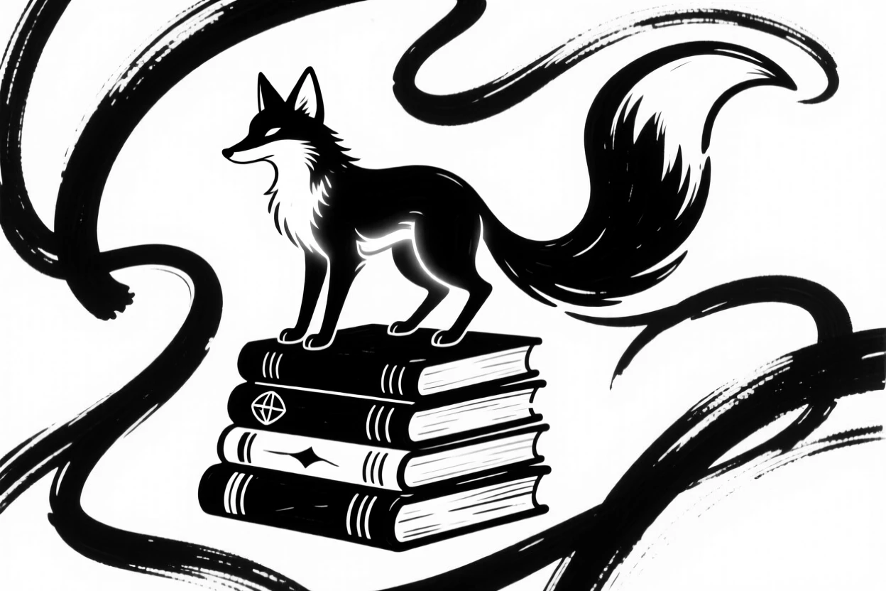 A sorcerer's familiar, a small glowing fox, perched on a stack of spellbooks.