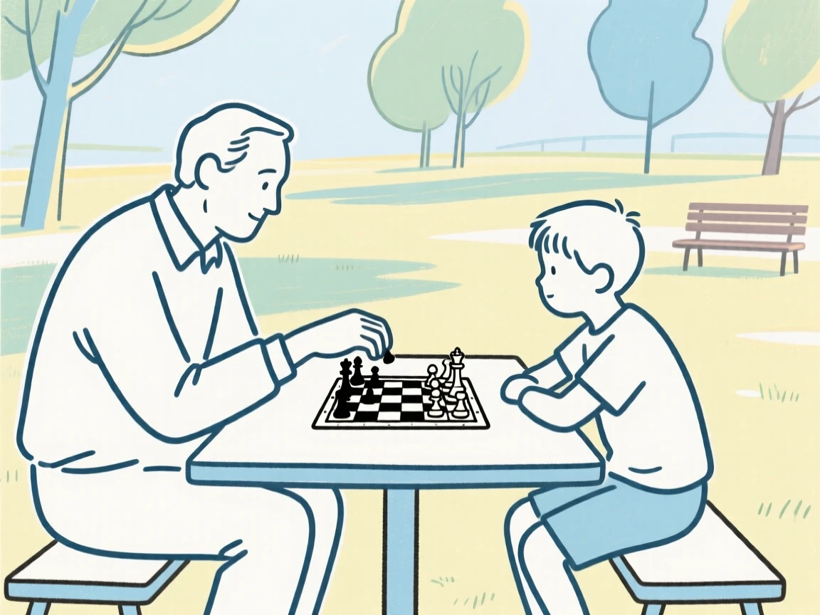 A man playing chess with his grandson in a quiet park.