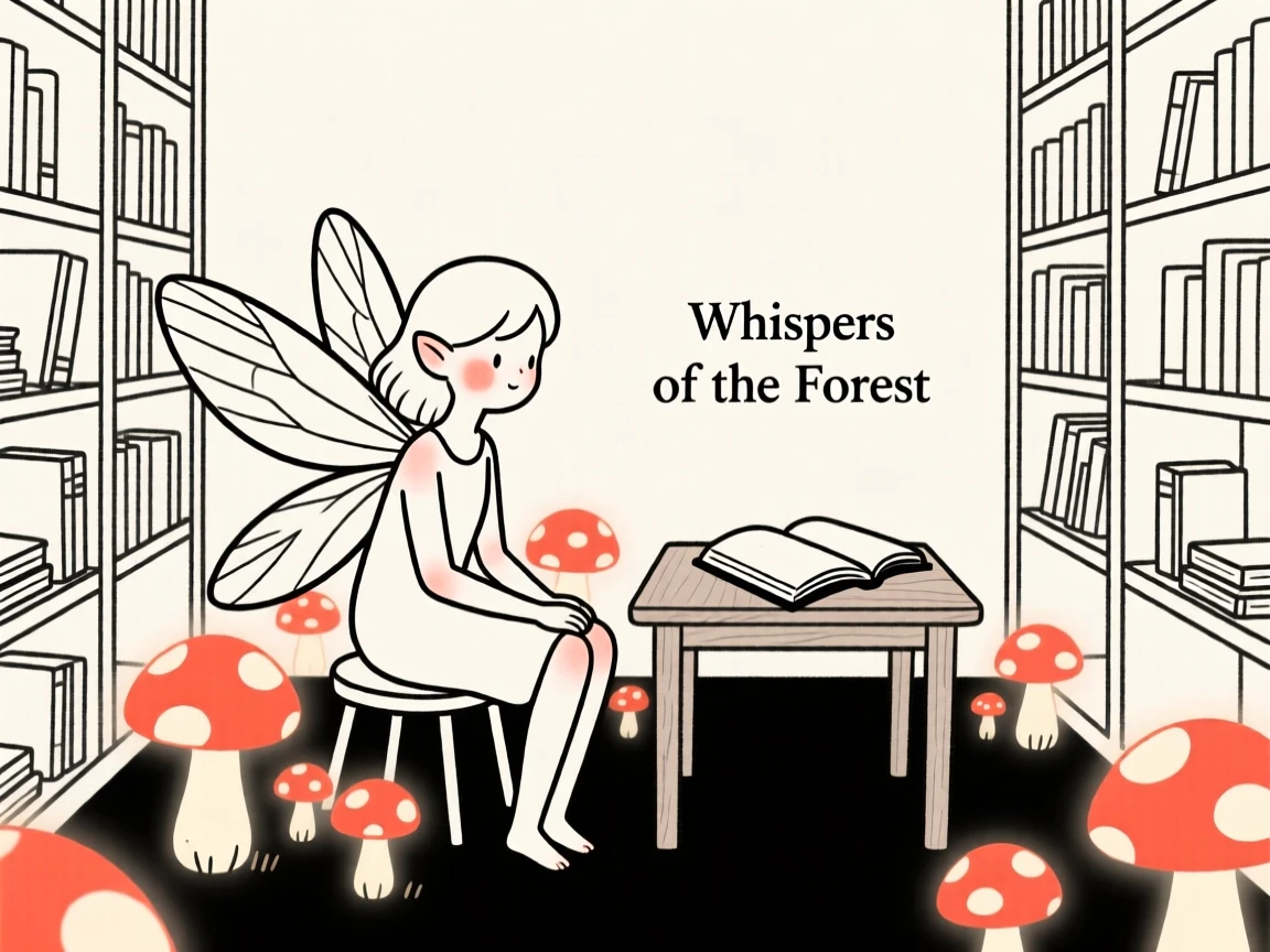 A forest fairy among glowing mushrooms, in a quiet library.