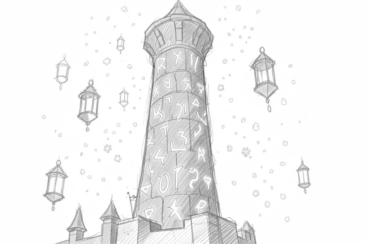 A tower wrapped in glowing runes, surrounded by floating lanterns, with glowing spores floating like snow.