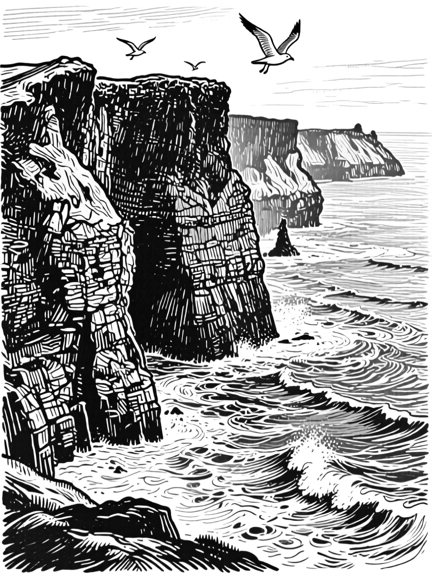 The dramatic cliffs of Moher rising above the crashing Atlantic surf.