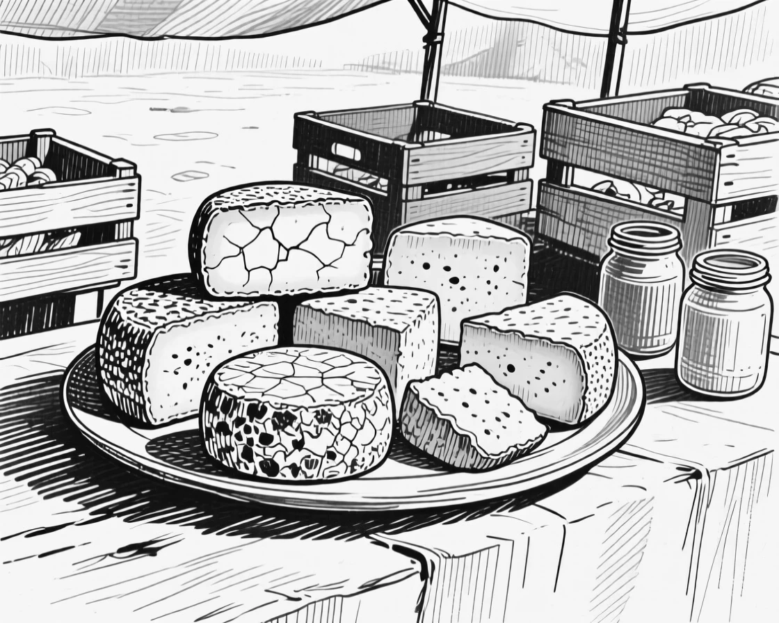A platter of artisan cheeses displayed at an outdoor market stall, with the rich texture of the crust visible in detail, presented in a quietly nourishing culinary still life.