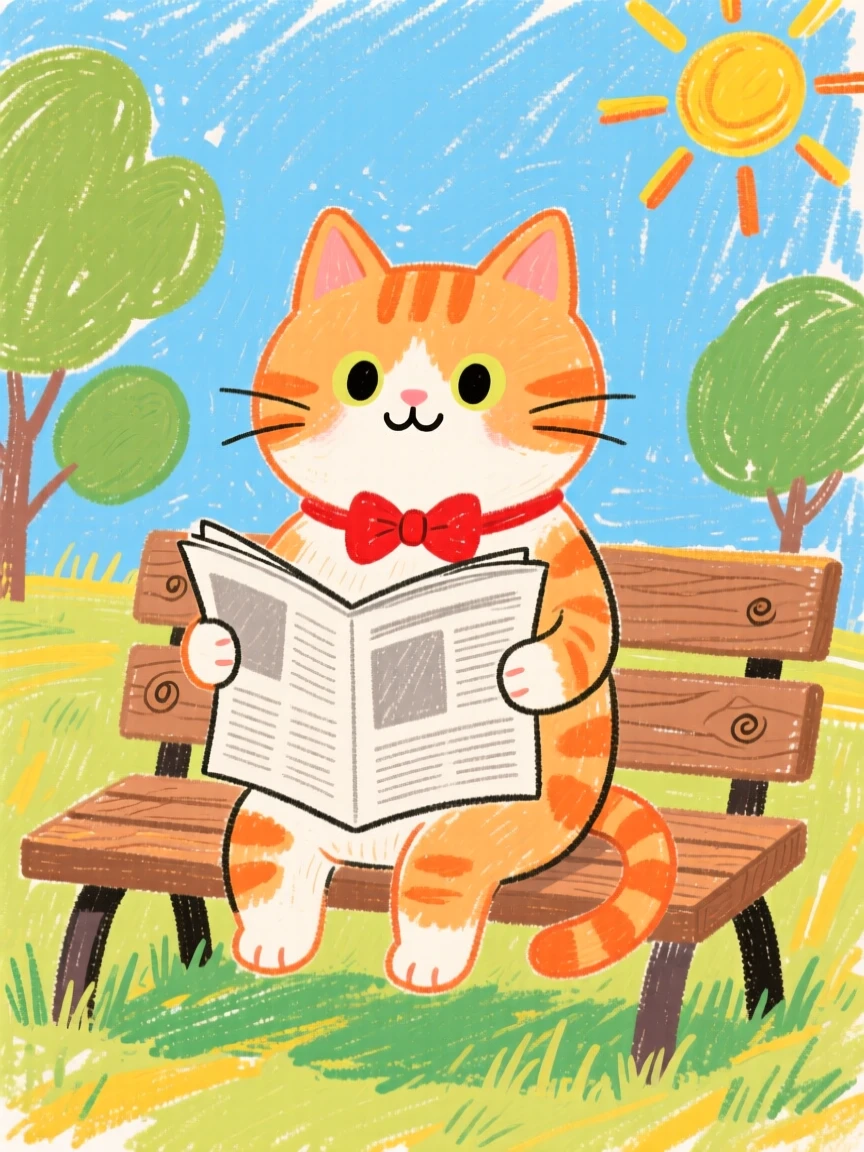 A cat wearing a bow tie reading a newspaper on a park bench.