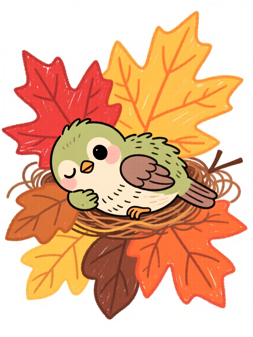 A tiny hummingbird chick curled up on a pile of autumn leaves.