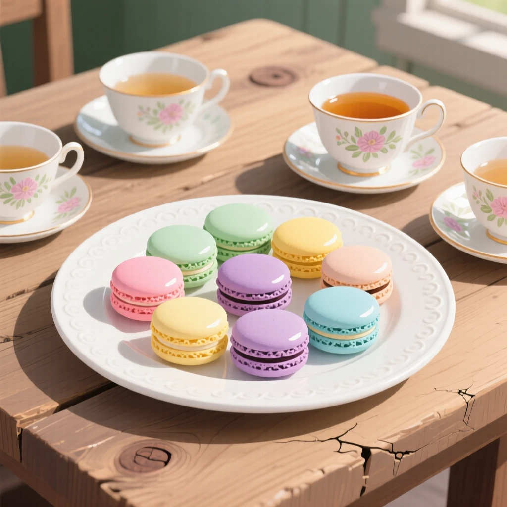 A platter of colorful macarons paired with delicate teacups, arranged on a rustic farmhouse table, composed with a rustic, homemade charm, with glossy highlights that make the dish look freshly made.