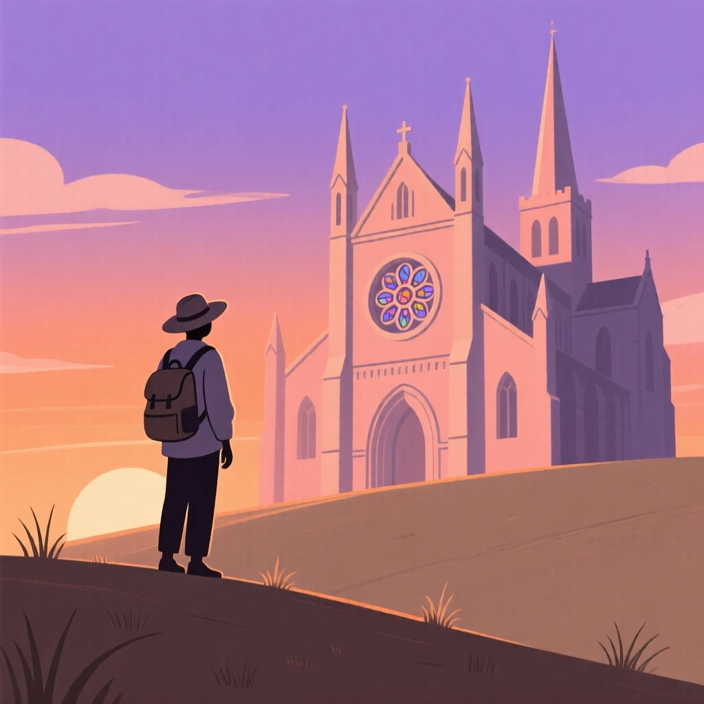A traveler watching the sunset near a historic cathedral.