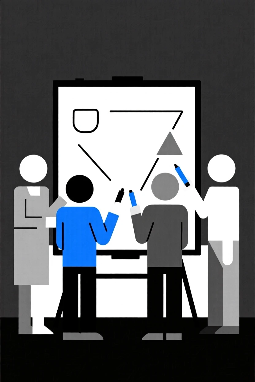 A team of professionals collaborating around a whiteboard