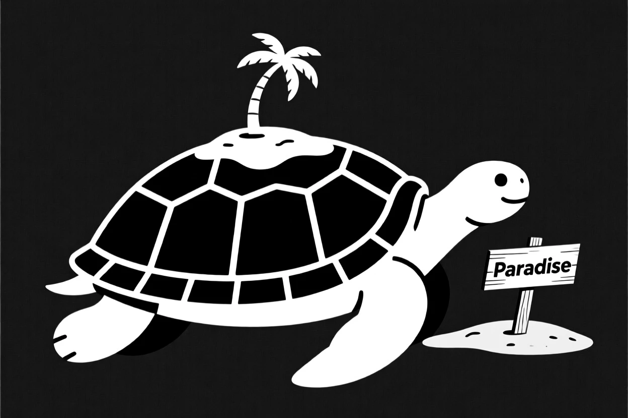 A giant turtle carrying a tiny island on its back.
