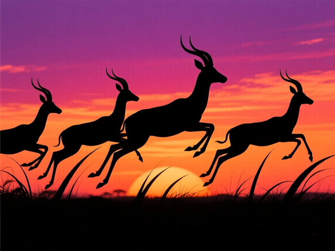 A herd of impala leaping over tall grass in perfect synchronized bounds.