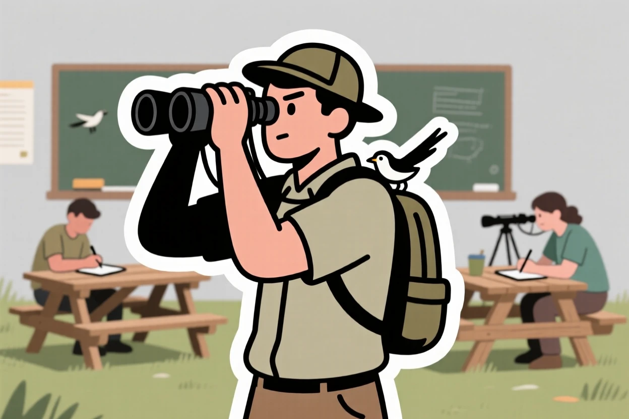 A determined and skilled birdwatcher peering through binoculars, captured mid-motion during their favorite activity, in a small community class setting.
