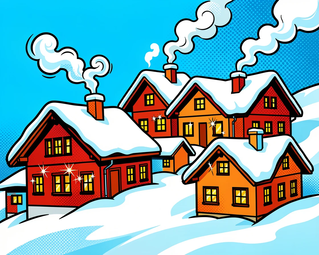 A snow-dusted alpine village with smoke curling from chimneys
