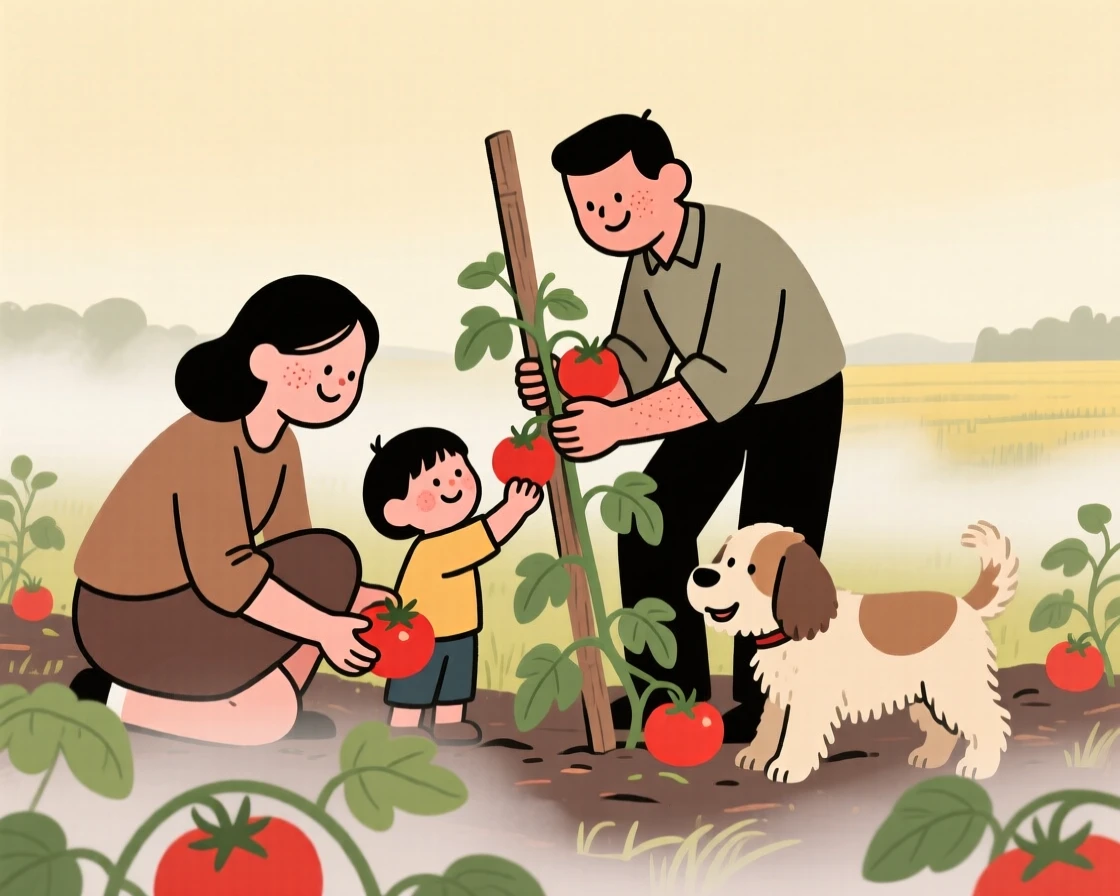 A small family tends rows of ripening tomatoes on a countryside plot as a lazy farm dog wander nearby and the morning mist begins to lift.