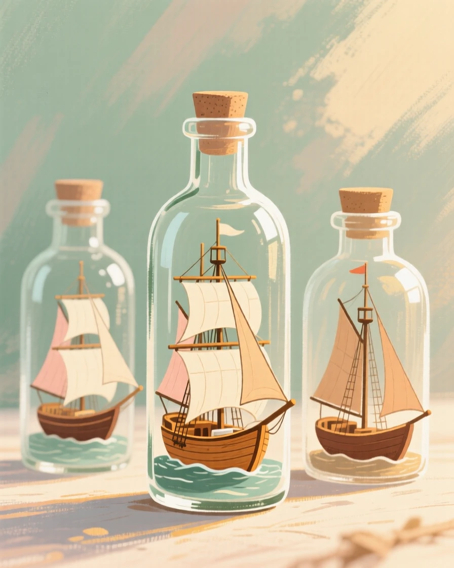 A set of miniature ships displayed inside glass bottles