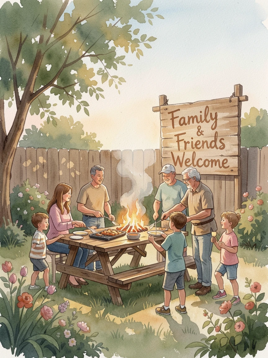 A family reunion barbecue in a backyard surrounded by a comforting, familiar setting.