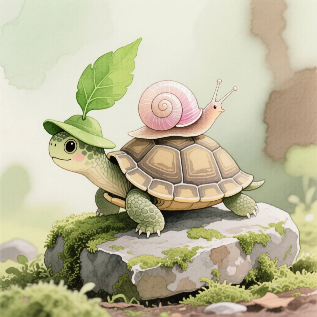 A tiny turtle wearing a leaf as a hat carries a snail passenger across a mossy garden stone