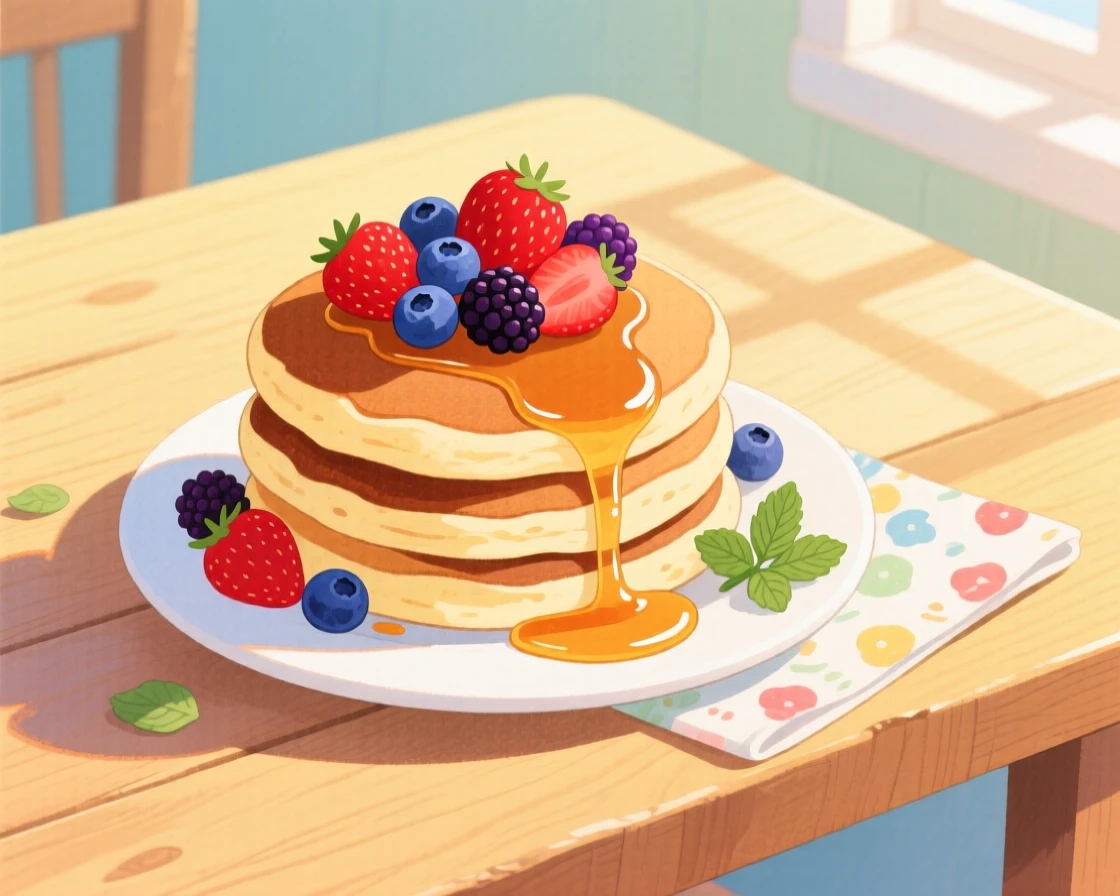 A stack of fluffy pancakes topped with berries and syrup, arranged invitingly on a sunny table.
