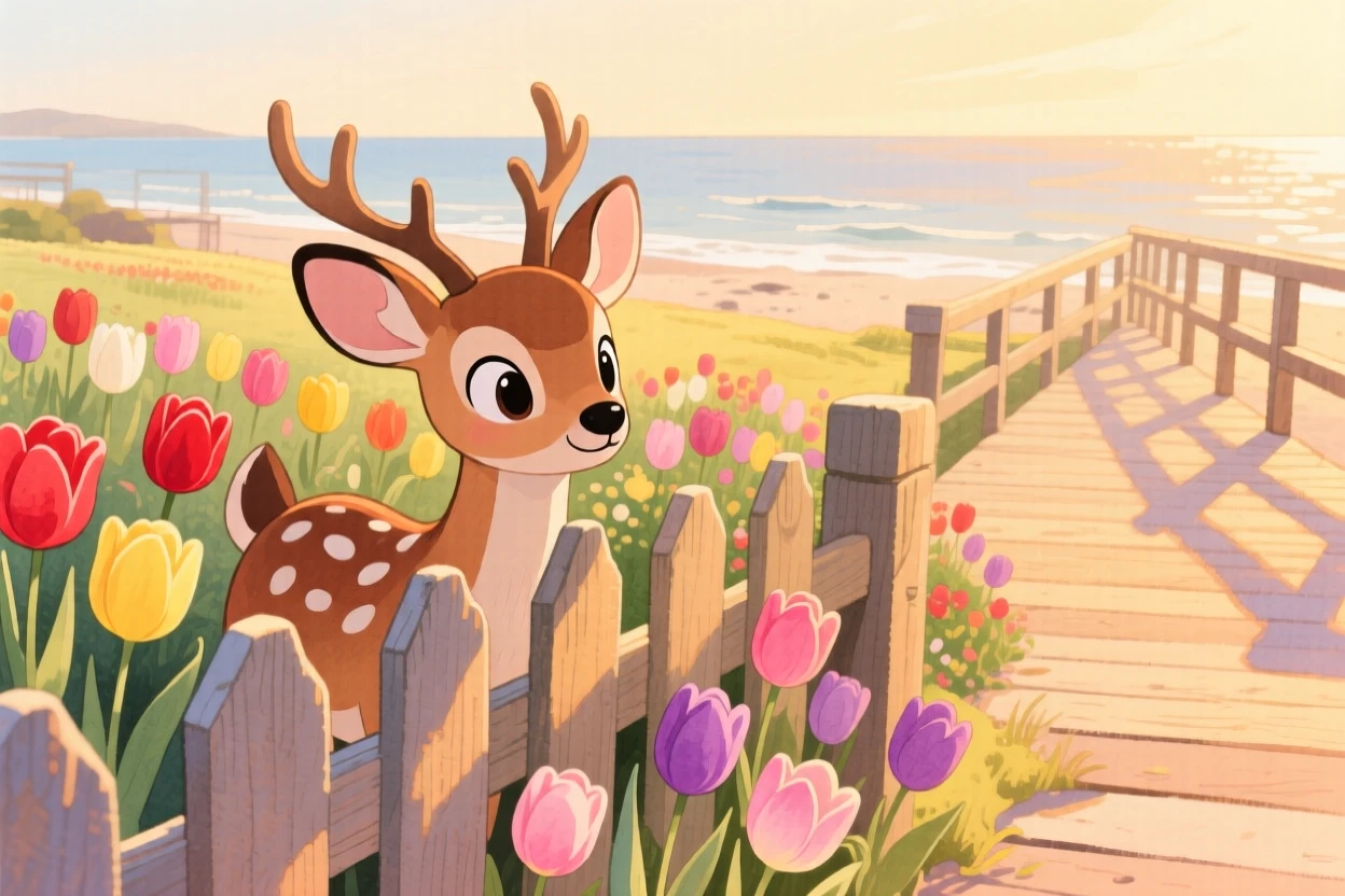 A young deer peeking through a fence at a garden full of tulips, set in a seaside boardwalk at golden hour, evoking warmth and gentle affection.