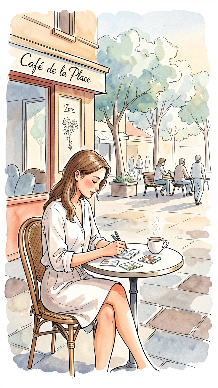 A young woman writing postcards at a café table overlooking a plaza, an atmosphere of quiet joy and togetherness.