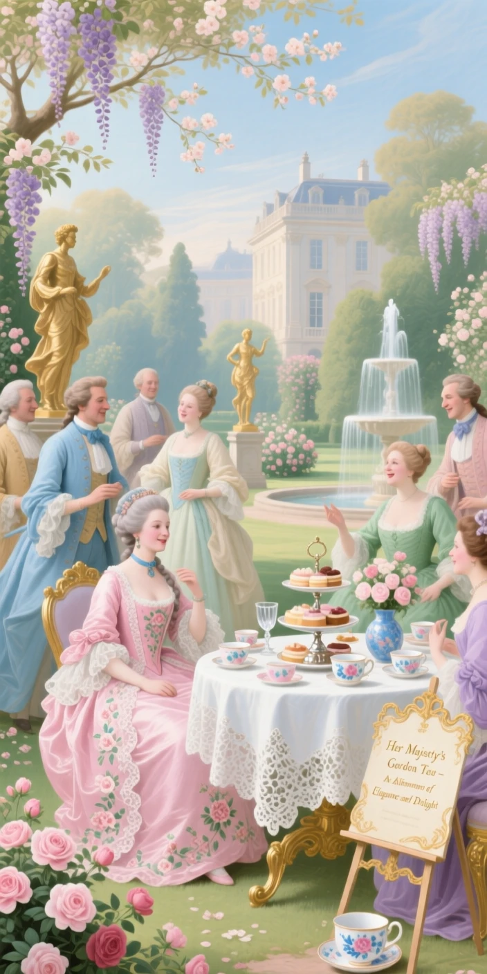 A royal garden party with guests gathered around the queen’s tea table  