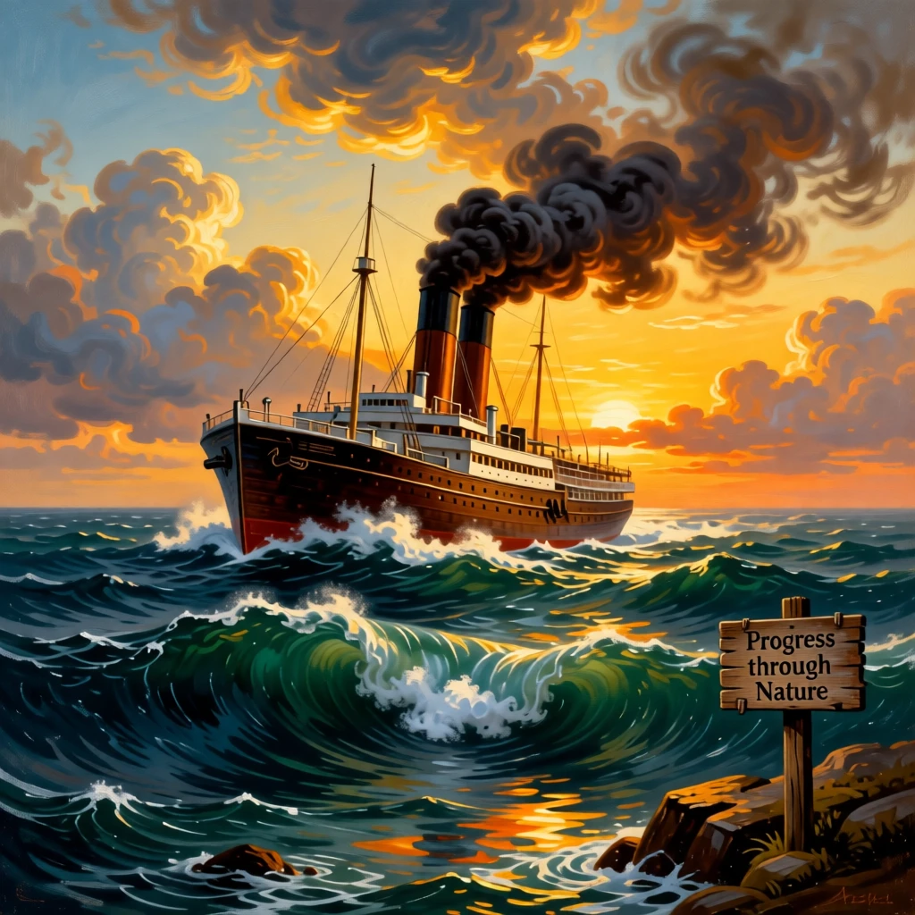 A steamship churns across the ocean, leaving a long wake behind.