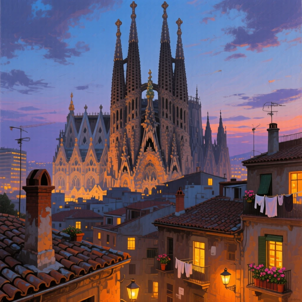 The dramatic spires of Sagrada Familia rising above Barcelona's rooftops, with warm lantern or window light glowing throughout the scene, radiating the unique charm and grandeur of world architecture