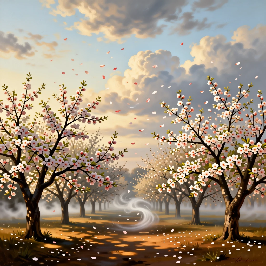 A blossoming cherry orchard scattering petals on a spring breeze alive with the quiet motion of wind and water, set beneath an expansive and ever-changing sky, with mist curling low along the ground in the cool morning air; a low horizon line gives dramatic weight to an expansive sky, suggesting harmony between the natural world and the soul.