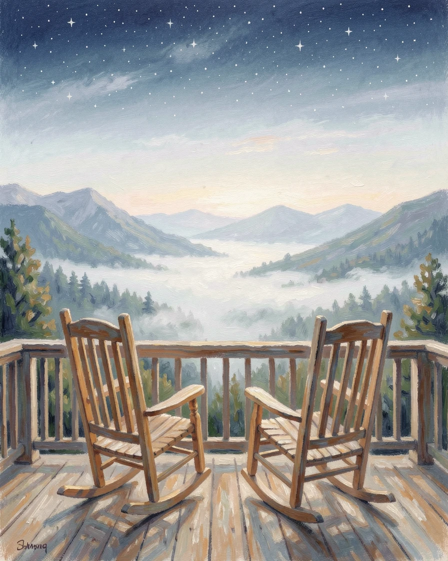 A cozy mountain cabin porch with rocking chairs overlooking a valley blanketed in morning fog, under a canopy of stars.