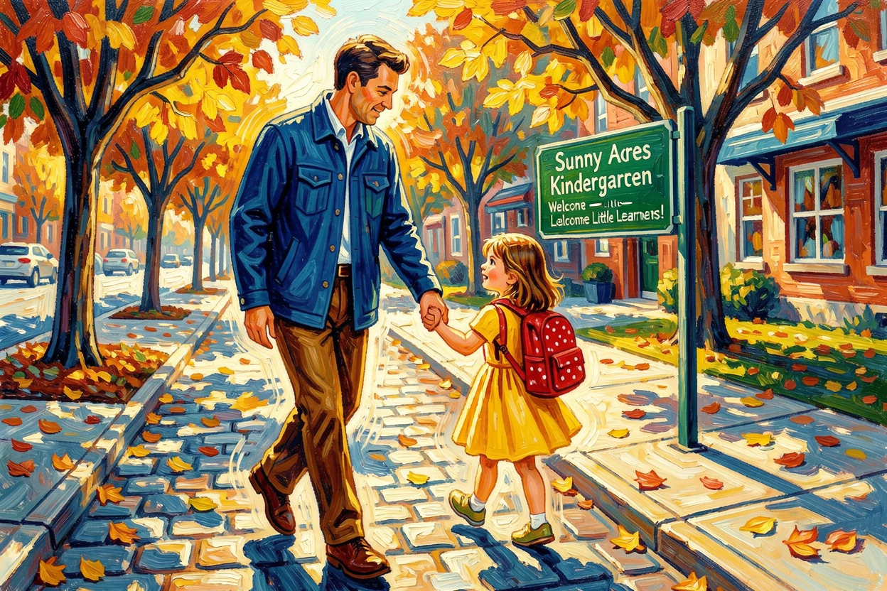 A father walking his young daughter to her first day of kindergarten, holding her hand tightly.