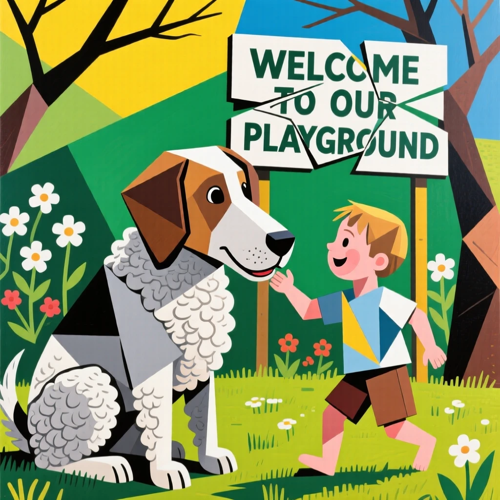A charming close-up of a loyal old sheepdog playing with a child in a garden on a bright afternoon.