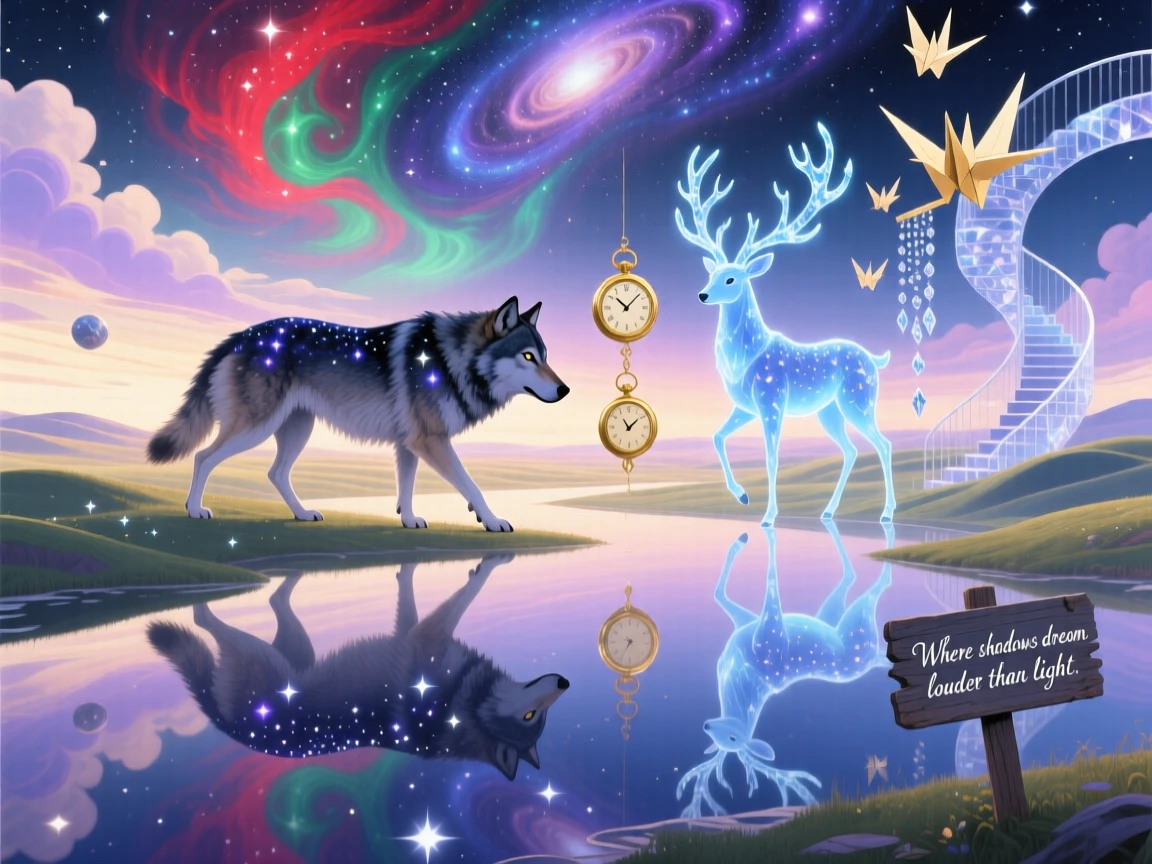 A wolf whose fur shimmers like a field of distant stars travels slowly across a horizon streaked with soft color, as its reflection shows a slightly different creature entirely.