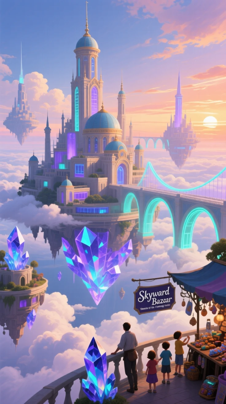 A floating city drifts above the clouds, connected by glowing bridges and powered by massive crystals embedded in its foundation, the composition balancing epic scale with small, intimate storytelling details.