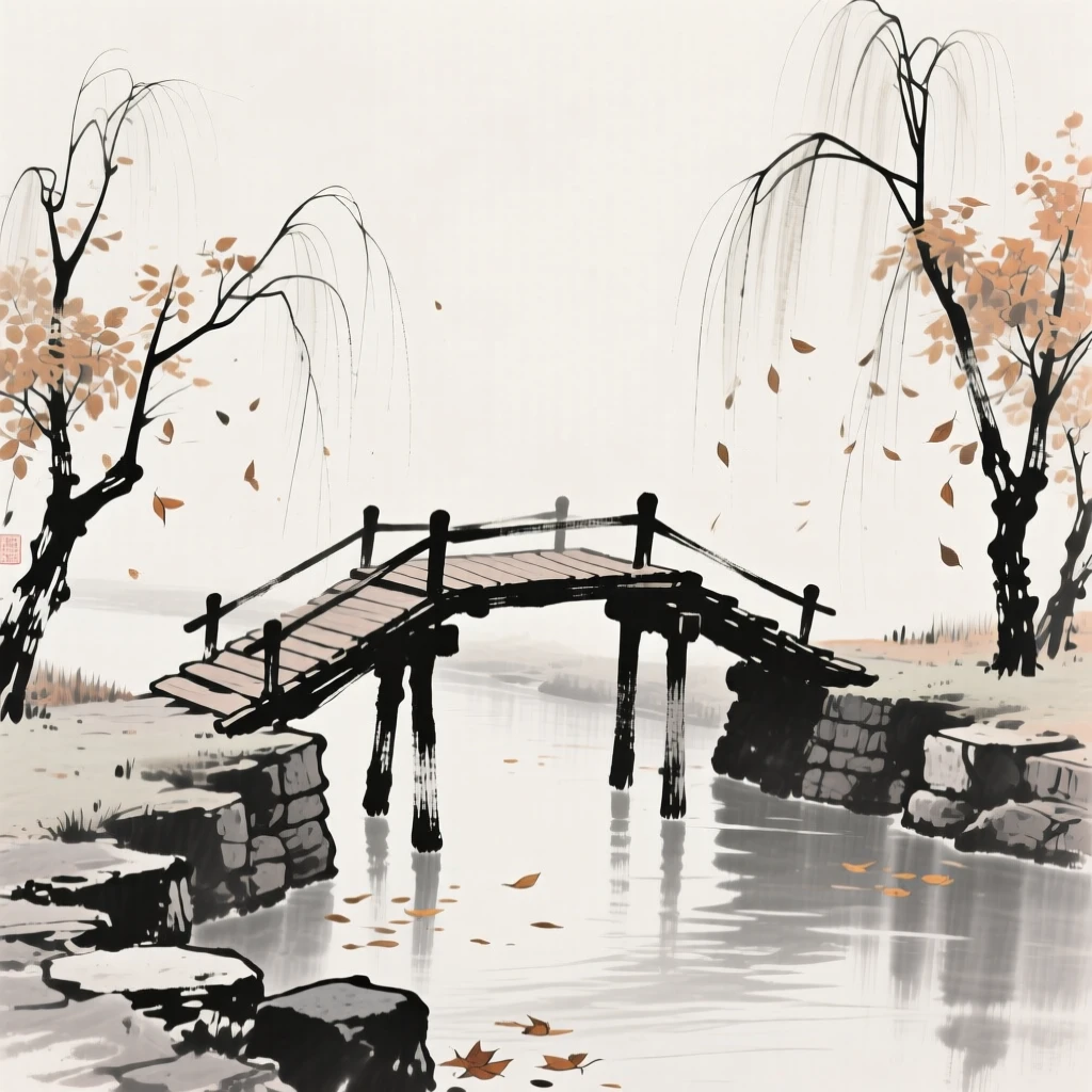 A wooden footbridge crosses a quiet canal lined with willow trees, as autumn leaves drift down onto its worn stones.