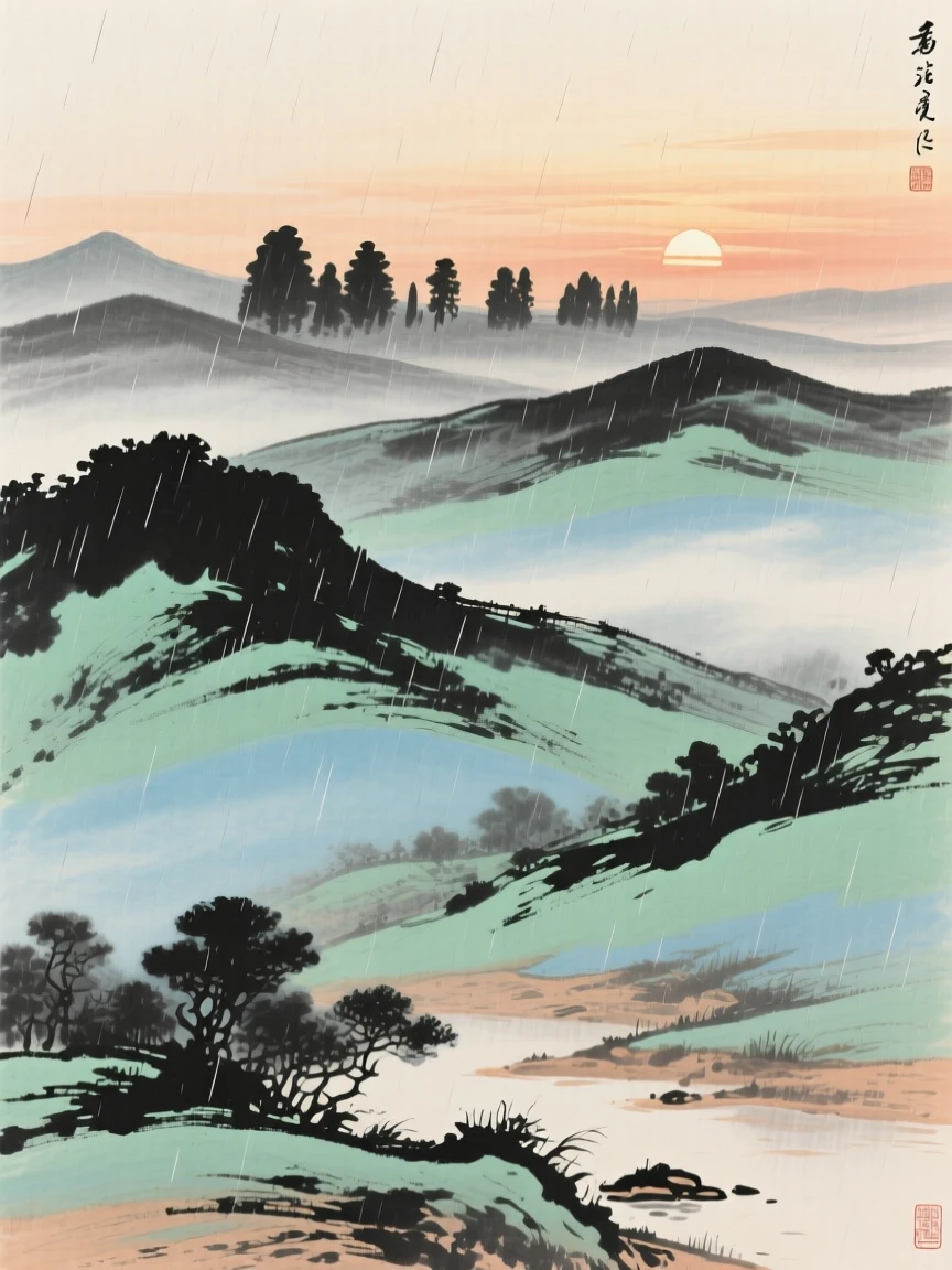 The last light of day fading behind a row of distant hills, in the quiet hour before sunrise, as summer rain begins to fall.