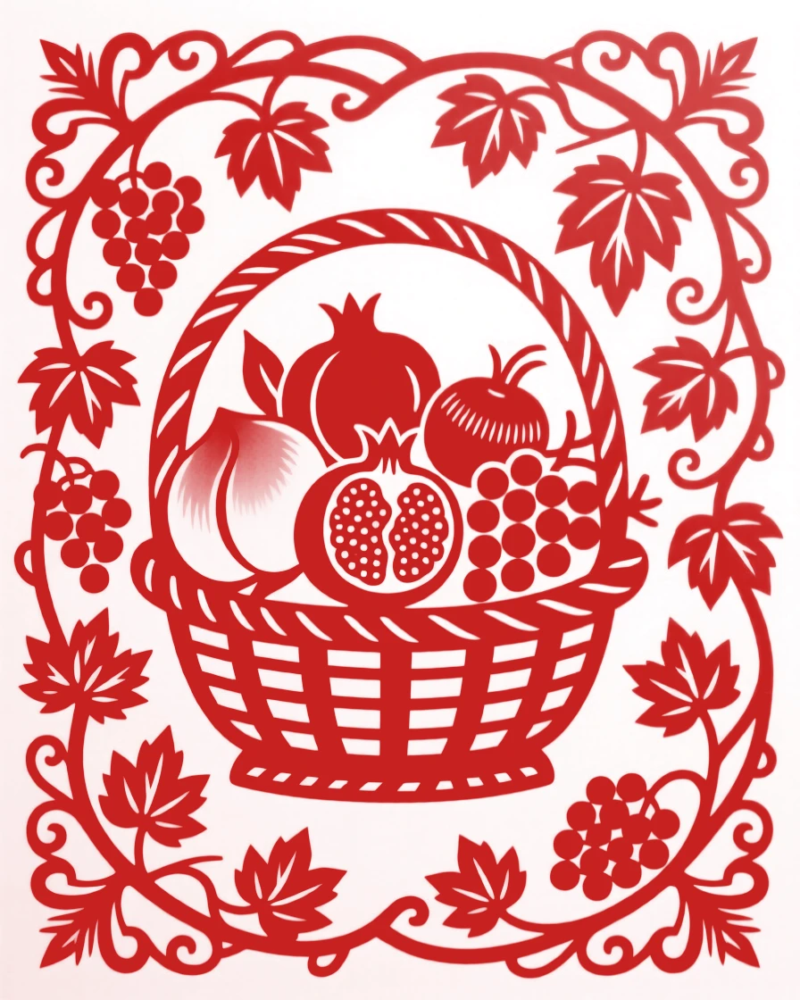 A scrolling border of grapevines and leaves framing a central basket of fruit