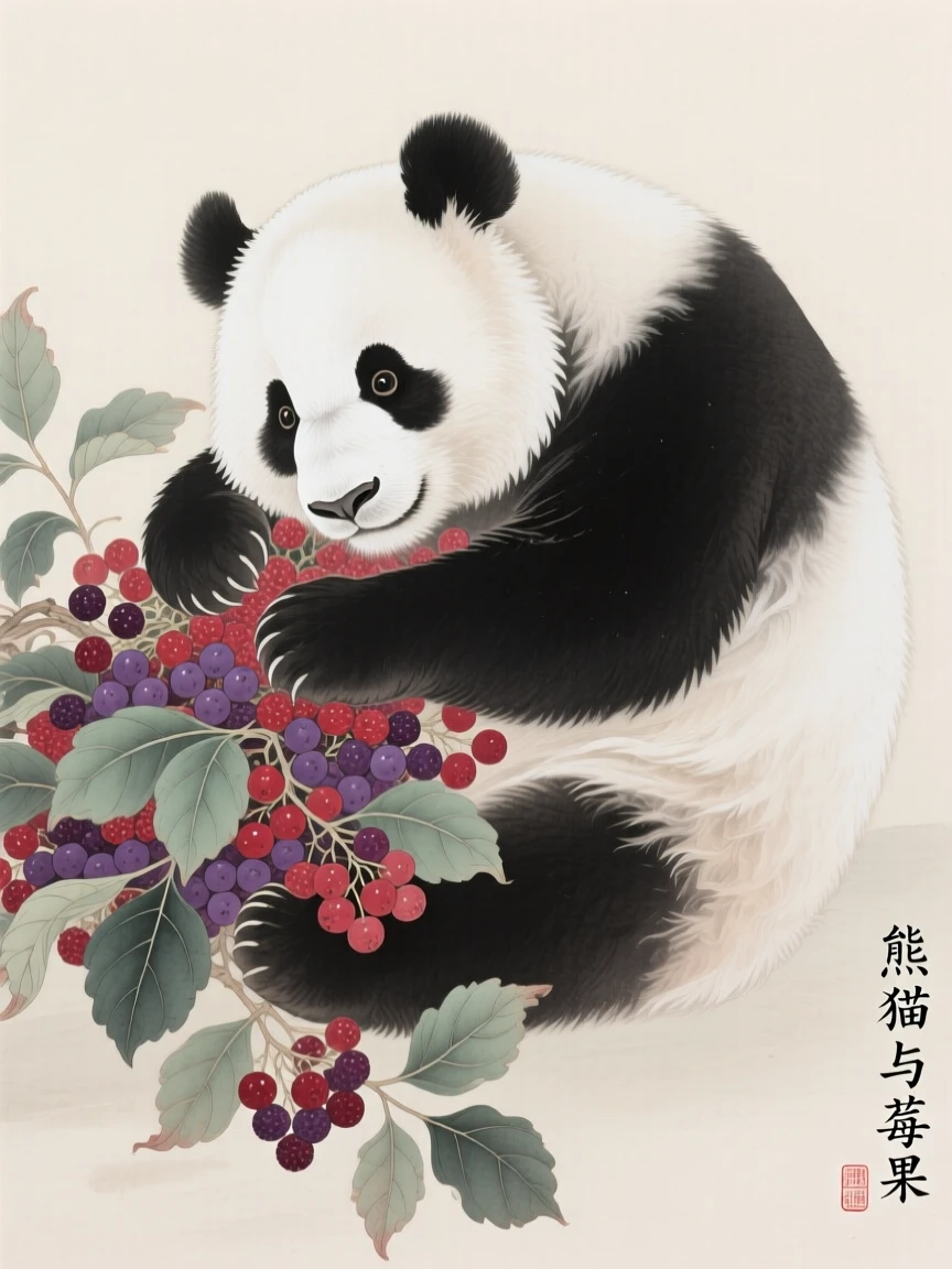 A giant panda curled around a cluster of wild berries