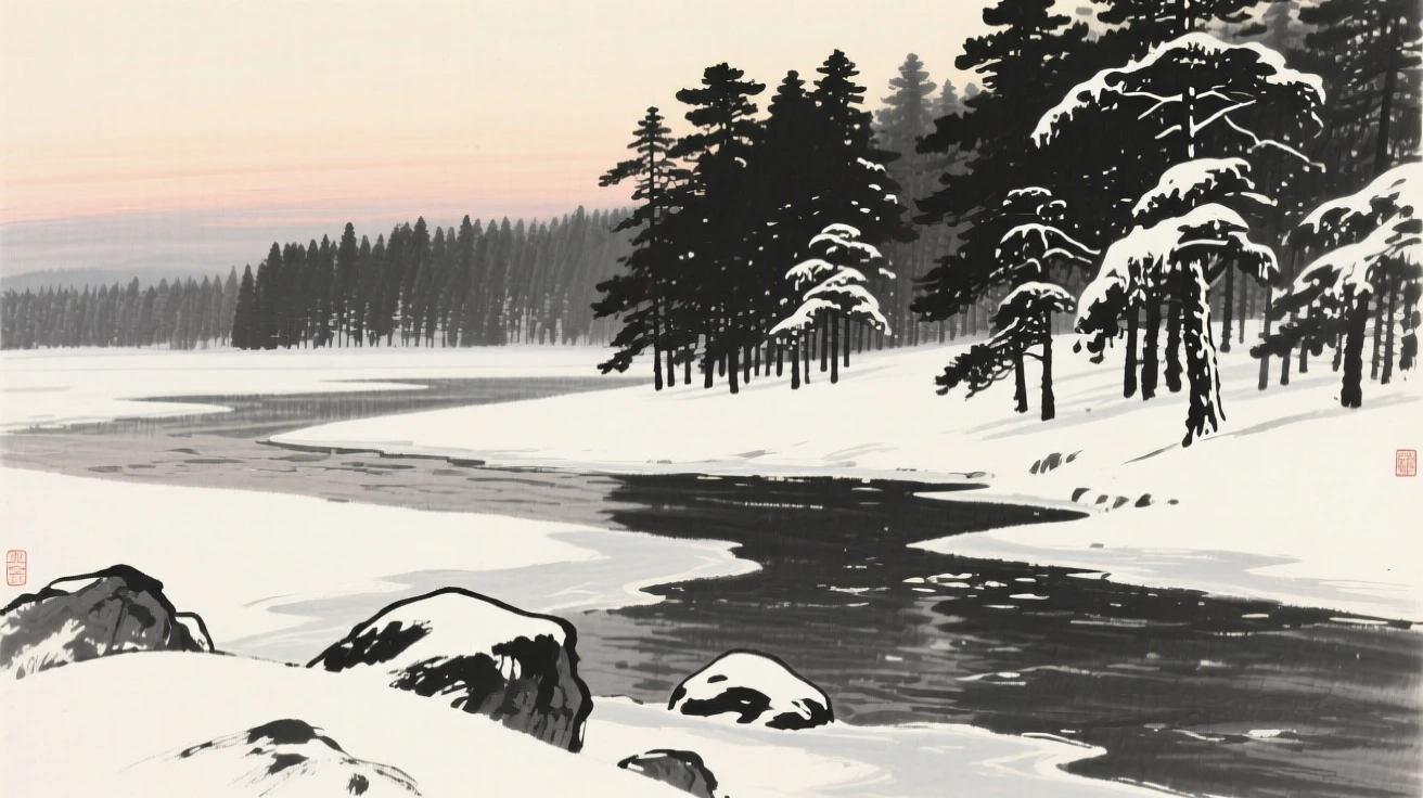 A snow-dusted pine forest along a frozen riverbank as evening shadows stretch long across the land, framed low, with the foreground rocks leading the eye toward the distance, suggesting the quiet vastness of the natural world.