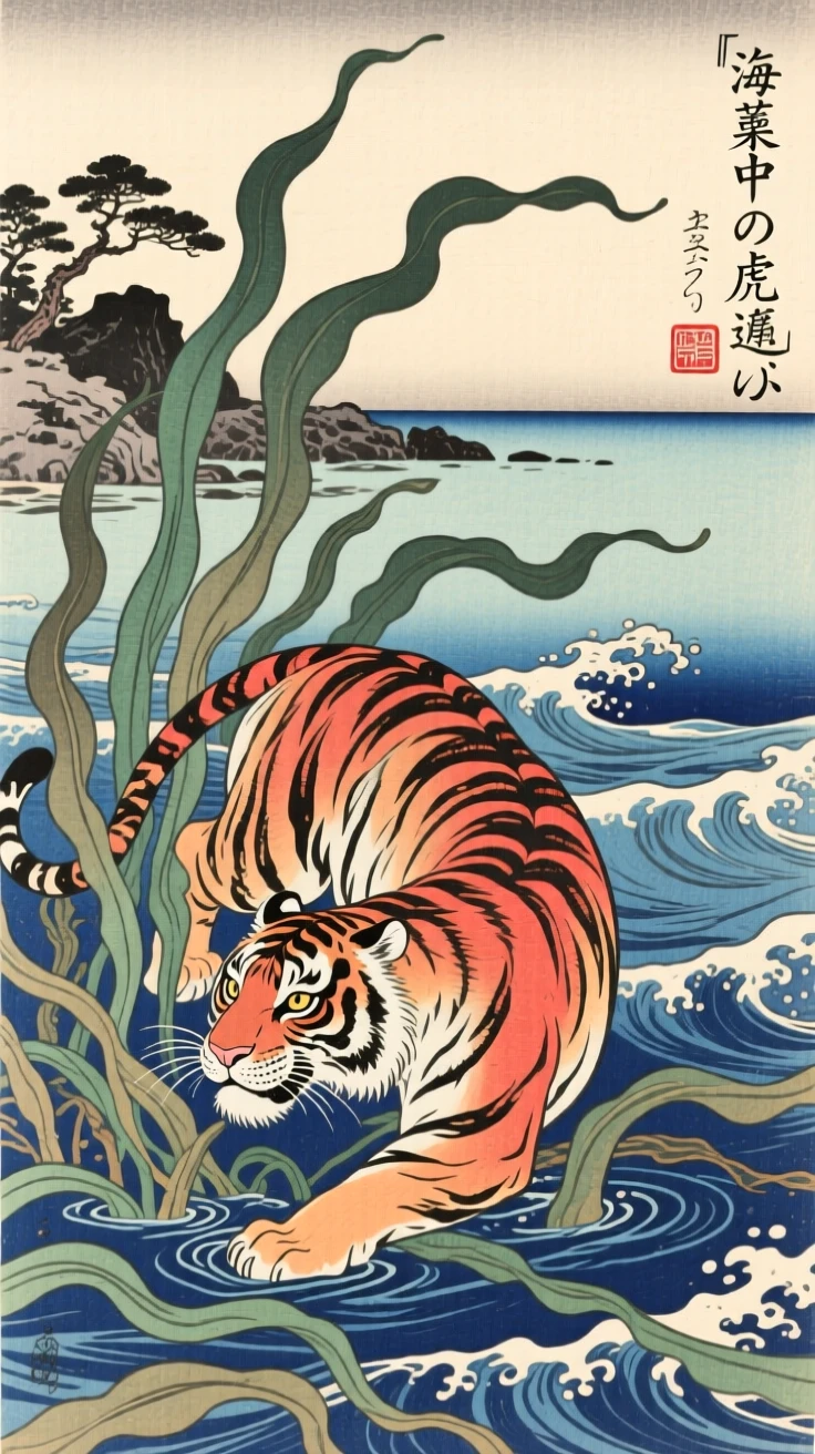 A majestic tiger playing among coastal kelp beds.