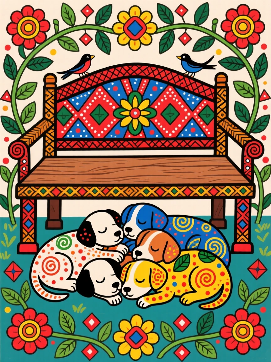 A litter of puppies sleeping in a pile beneath a garden bench.