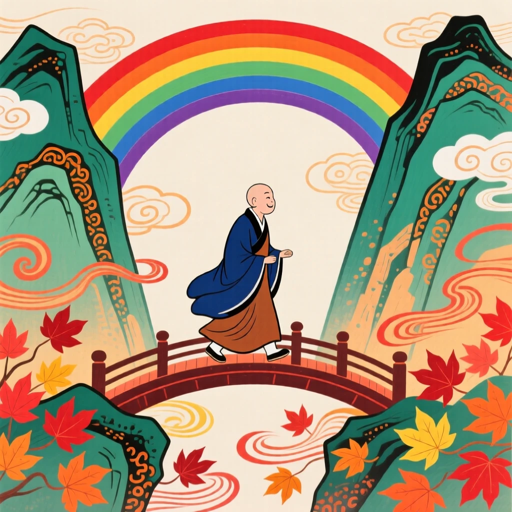 A traveling monk crossing a rainbow bridge between mountain peaks, with autumn leaves swirling in the wind.