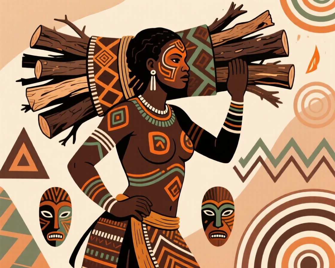 A woman carrying firewood bundled on her back.