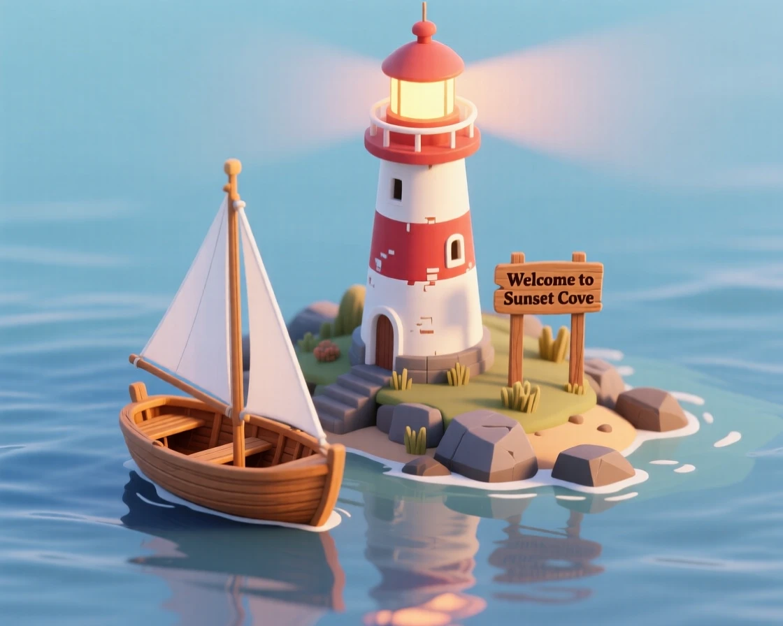 A classic wooden dinghy sailing past a lighthouse at dusk, its small sail catching the last light of the setting sun.