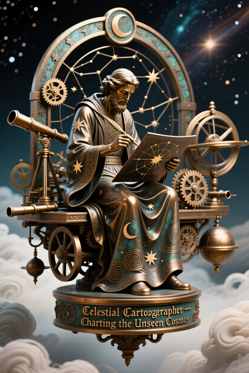 A celestial cartographer charting new stars from a floating observatory, with intricate, fantastical detail throughout, transporting the viewer to another world