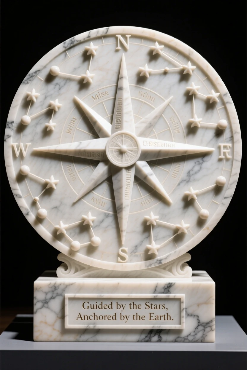 A symbolic, visually striking image of a compass rose surrounded by constellations, rich in meaning and emotional resonance