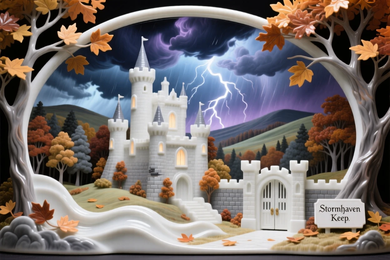 A storm-lit castle surrounded by autumn forest, framed by a dramatic sky.